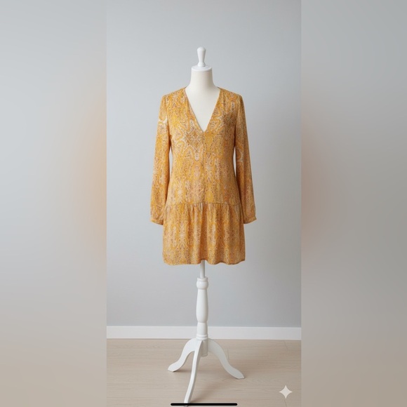 Zara| Boho Paisley Long Sleeve Yellow Gold Lightweight Tunic Mini-Dress Sz S - Picture 6 of 6